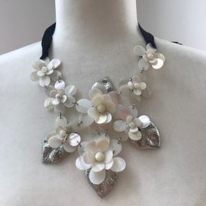 White Flowers Statement Necklace with Black Ribbon Tie